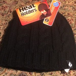 New! Heat Holders Black Cable Knit Plush Faux Fur Lining Thermal Hat One Size